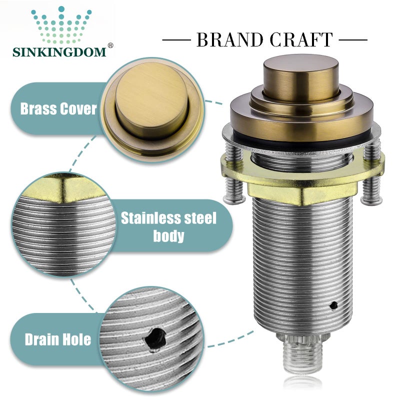 SINKINGDOM SinkTop Air Switch Kit (Long Full Brass Button) for Disposal, Dual Outlet, (Champagne Bronze) - Image 2